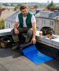 Man sitting on roof applying Heavy Duty Self Adhesive Roofing Underlayment, No Sweat Peel And Stick Tape, 30cm x 5m roll.