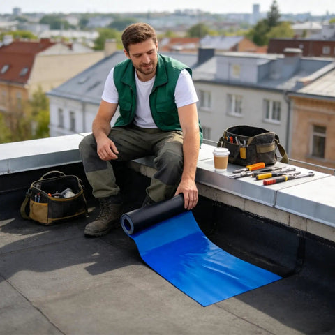 Man sitting on roof applying Heavy Duty Self Adhesive Roofing Underlayment, No Sweat Peel And Stick Tape, 30cm x 5m roll.