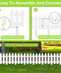Image of Six Piece White Garden Fence Set With Six Fence Inserts, Plastic Picket Edging for lawns, showing assembly instructions.
