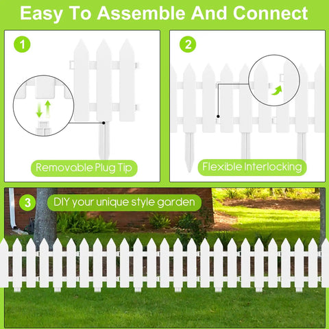 Image of Six Piece White Garden Fence Set With Six Fence Inserts, Plastic Picket Edging for lawns, showing assembly instructions.