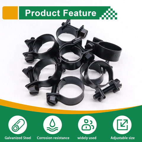 Close-up of 34 Piece Worm Gear Hose Clamp Set With Five Sizes From Five Sixteenths Inch Up To Twenty Three Thirty Seconds Inch