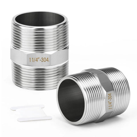 Two-Pack 304 Stainless Steel Hex Nipple 1-1/4 In NPT Male To 1-1/4 In NPT Male Pipe Fitting Adapter Heavy-Duty Industrial Plumbing Connector For Piping Systems Corrosion Resistant