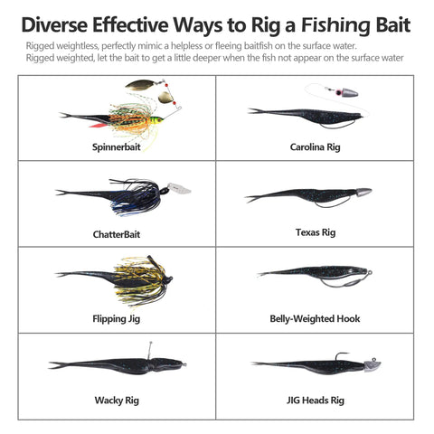 Diverse rigging methods for Swimmin Soft Plastic Fishing Lures Set 4 Inch And 5 Inch Salty Split Tail Jerk Shad Minnows.