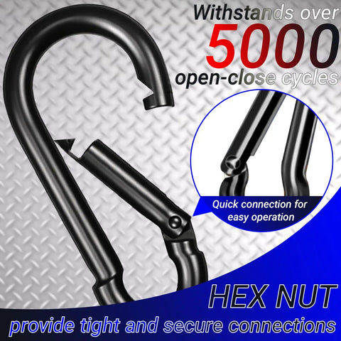 Heavy Duty 3 Inch M8 Carabiner Clips 30 Pack Galvanized Steel Snap Hooks close-up showing hex nut and open-close mechanism