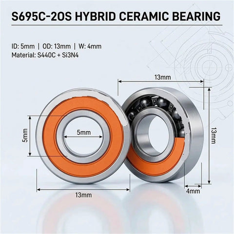 RC Car Ceramic Bearings 5x13x4 2RS Hybrid Ball Set shown with dimensions and materials S440C + Si3N4.