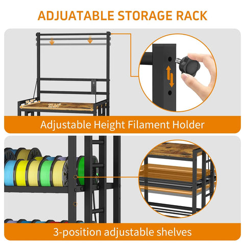 Heavy Duty 3D Printer Desk With Knockout Filament Storage Rack And Plug And Play Power Outlet, Dual Print Station For Abs Pla Tpu Spools, Boss Level Organization For Streamlined Workflows, Sturdy Wood Cabinet Setup In Classic Retro Brown