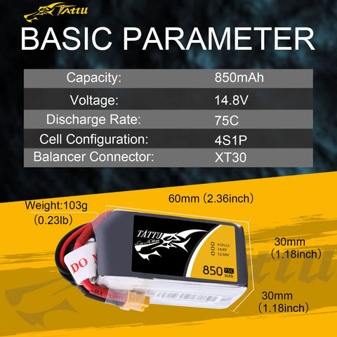 14.8V 4S 75C 850mAh LiPo Battery Pack With XT30 Plug For FPV Drones And Multirotors Dope Power High Discharge Compact 60x30x30mm 103g