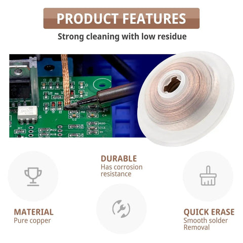 Desoldering Wick Braid No Clean Soldering Wire 0.1 Inch By 10 Feet Copper Desoldering Tool in use on PCB