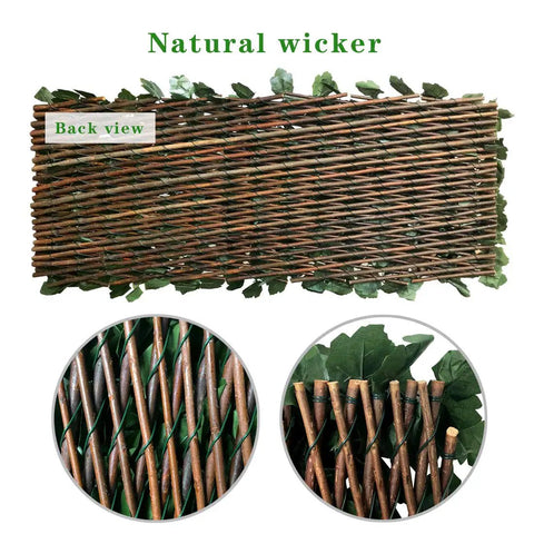 Back view of Expandable Faux Ivy Fence Privacy Screen with natural willow wicker and dark green maple leaves