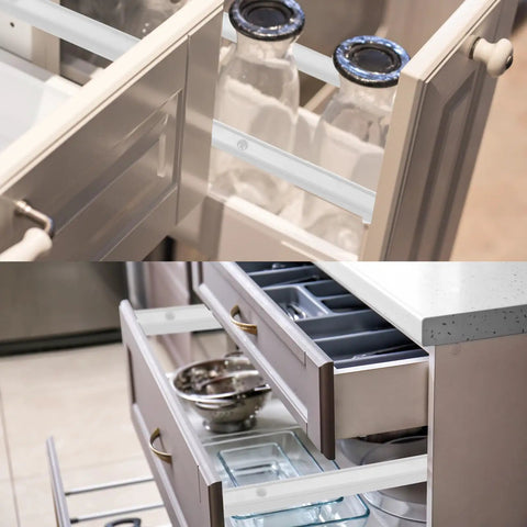 Rock Solid 12 Inch Side Mounted Plastic Drawer Slides In Crisp White Featuring No Fuss Mounting Screws For Smooth Gliding Cabinet And Dresser Upgrades Set Of Two in a cabinet with bottles.