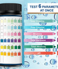 6 In 1 Pool And Spa Test Strips For Quick Water Checks Of pH Hardness Bromine And Chlorine With 100 Counts Pack showing parameters
