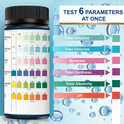 6 In 1 Pool And Spa Test Strips For Quick Water Checks Of pH Hardness Bromine And Chlorine With 100 Counts Pack showing parameters