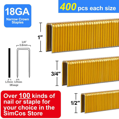 18 Gauge Narrow Crown Staples Half Inch Three Quarter Inch And One Inch Assorted 1200 Count Project Pack For Pneumatic Or Electric Stapler Gun Galvanized Steel Heavy Duty Everyday Use showing staple sizes and lengths