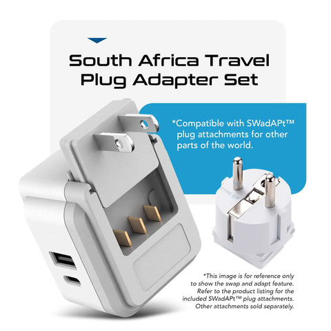 Africa Travel Adapter Set With 20W Power Delivery And Fast Charge Dual USB And USB C Two USA Outlets and SWadAPt plug