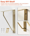 Four Pack Straight Up Premium Solid Gold Brass L Shaped Shelf Brackets With Screws Heavy Duty Decorative Wall Mount Hardware showcased with screws for easy installation.