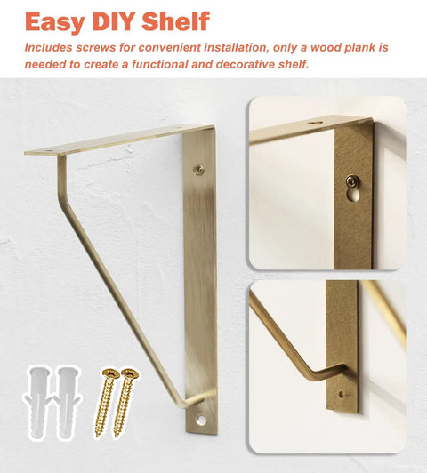 Four Pack Straight Up Premium Solid Gold Brass L Shaped Shelf Brackets With Screws Heavy Duty Decorative Wall Mount Hardware showcased with screws for easy installation.