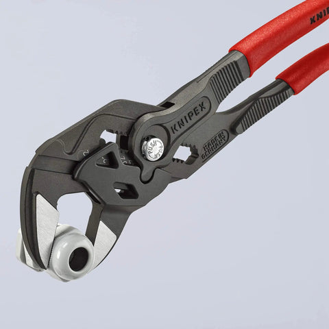 Heavy Duty 10 Inch Pliers Wrench With Adjustable Smooth Jaws grips a fitting, highlighting chrome steel and ergonomic design.