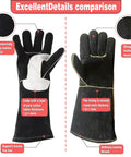 Comparison of two Leather Forge Welding Gloves With Maximum Dexterity And Heat Resistance for MIG and TIG showing material details.