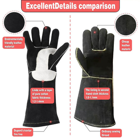 Comparison of two Leather Forge Welding Gloves With Maximum Dexterity And Heat Resistance for MIG and TIG showing material details.