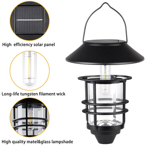 Outdoor Solar Lanterns With Hanging And Wall Mount Kit, detailed view of solar panel, filament, and glass panel, 2 Pack
