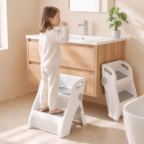 Foldable Toddler Step Stool For Bathroom Sink, Rock Solid Non Slip Footrest With Secure Handles, Bpa Free Thick Plastic And No Fuss Quick Fold Storage For Little Helpers At Home.