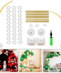 Balloon arch stand kit with gold arches (9 ft and 5.6 ft) and white bases; includes rods, clamps, and discs