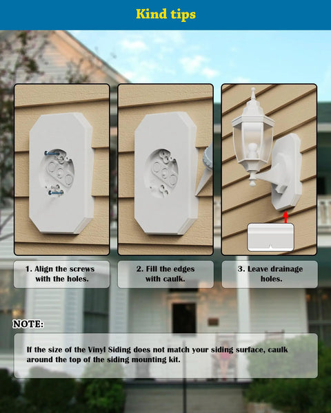 Hella Heavy Duty Wall Mount Block For Vinyl Siding With Built In Electrical Box And Paint Ready White Shell Super Easy Install displayed on vinyl siding.