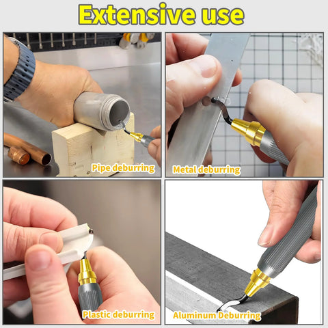 Collage of YESCOO deburring tool with 360° rotating double head and anti-slip handle used on pipe, metal, plastic, and aluminum.
