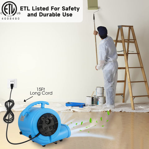 Half HP Carpet Dryer Fan With 2600 CFM Air Blower For Fast Home Drying, ETL Listed, Portable Floor Blower With 15 Ft Cord