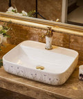 Ceramic Vessel Sink For Bathroom Vanity, Above Counter Rectangular Wash Basin Featuring Hand Painted Nordic Artistry, 15.6 x 12.6 x 3.9 inch.