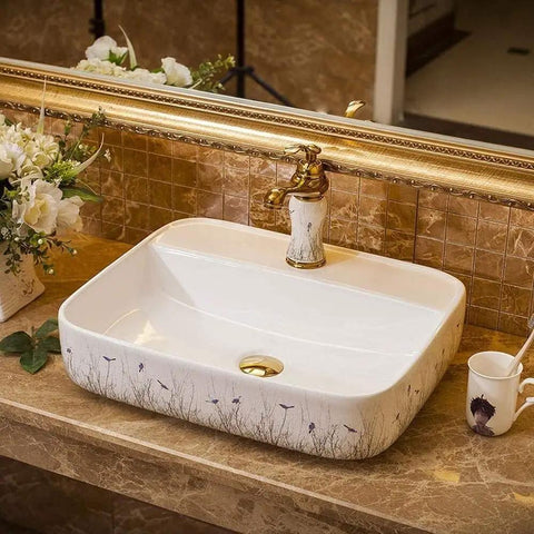 Ceramic Vessel Sink For Bathroom Vanity, Above Counter Rectangular Wash Basin Featuring Hand Painted Nordic Artistry, 15.6 x 12.6 x 3.9 inch.