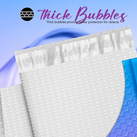 Close-up of Must Have Cute Design Bubble Mailers 6x10 Inch 100 Pack Opaque with self-seal and thick bubble padding.