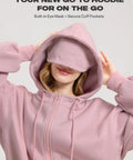 Zip Up Hoodie With Built In Eye Mask And Multi Pockets For Travel Unisex Fleece Sweatshirt Airplane Mode Hoodie in pink