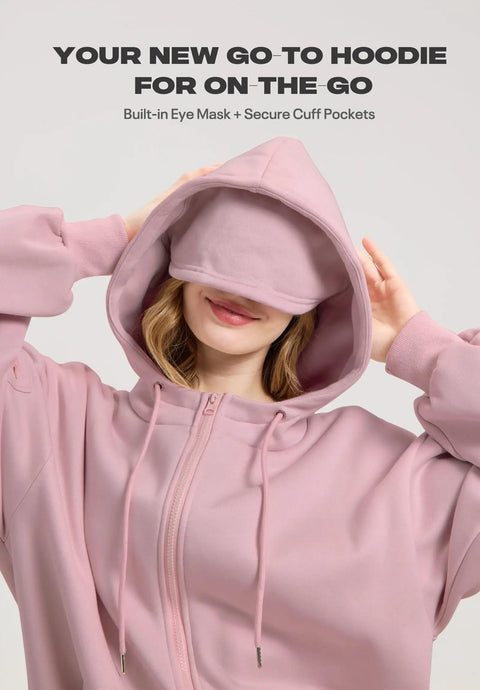 Zip Up Hoodie With Built In Eye Mask And Multi Pockets For Travel Unisex Fleece Sweatshirt Airplane Mode Hoodie in pink