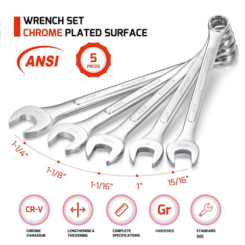 5 Piece SAE Combination Wrench Set With 12 Point Chrome Vanadium Wrenches From 1 Inch To 1 And One Quarter Inch In Rolling Pouch displayed