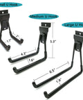 Heavy Duty Slatwall Hooks 14 Pack For 3 Inch Slatwall Panels Garage Wall Organizer With Multi Size Hanging Hooks Compatible With Proslat StoreWALL HandiWall Holds Up To 70 Lb, showing Small, Medium, and Large U Hooks.