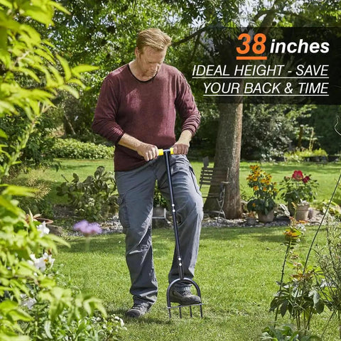Man using a 38-inch manual spike lawn aerator with four 3.5 inch solid steel spikes for compacted soils and lawns.