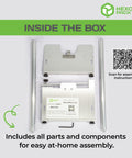 Inside the box of Pro Grade 20 Inch Wide Honeycomb Paper Dispenser Packing Station With Mechanical Expander including parts for assembly.