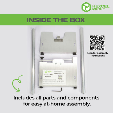 Inside the box of Pro Grade 20 Inch Wide Honeycomb Paper Dispenser Packing Station With Mechanical Expander including parts for assembly.