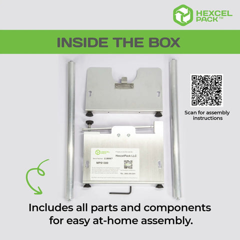 Top Shelf Mini Packing Station, Slick Honeycomb Paper Dispenser For Stress Free Shipping, all assembly parts shown inside the box.