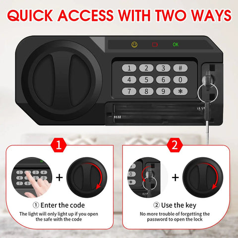 Close-up of digital keypad and key access on 1.2 Cubic Feet Small Fire Safe Box For Home With Fireproof Build Digital Keypad Lock Spare Keys