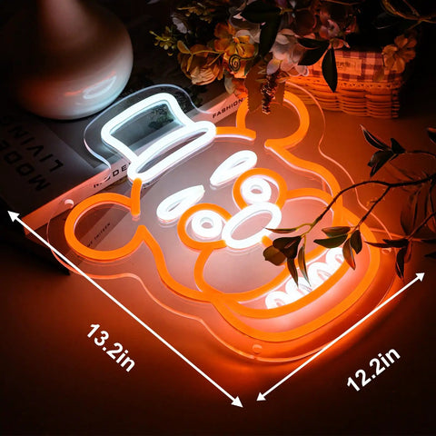 Frendy Neon Sign For Wall Decor With Remote Control, LED Neon Lights shaped bear face, orange and white, 13.2x12.2 inches