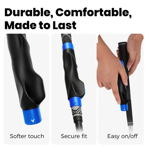 Golf Grip Trainer For Right Hand Swing Grip Corrector with non-slip design, easy on/off installation, shown on a club grip.