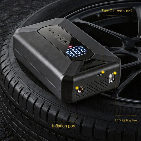 Hassle Free Cordless Tire Inflator With Sharp Digital Readout And Fast USB Charging For Quick Auto EV Bicycle Inflation and No Sweat Roadside Fixes On Any Weekend Drive, showing USB ports and inflation port.