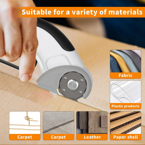 Heavy Duty Cordless Electric Scissors With Rechargeable Battery cutting cardboard with variety of materials visible.