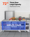 Tough 72 Inch Wide Commercial Undercounter Freezer With Triple Locking Doors And Smooth Rolling Casters, 17 Point 7 Cu Ft stainless steel with open doors.