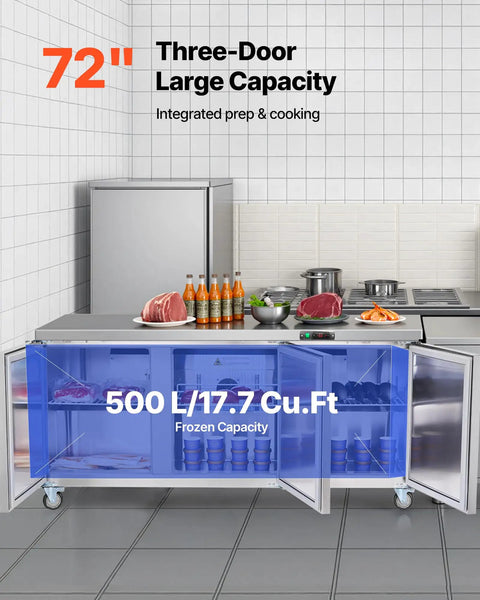 Tough 72 Inch Wide Commercial Undercounter Freezer With Triple Locking Doors And Smooth Rolling Casters, 17 Point 7 Cu Ft stainless steel with open doors.
