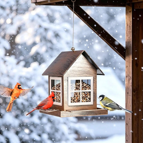 Country House Shaped Bird Feeder Built To Last Heavy Duty Metal Bird Feeder For Outdoor Hanging Weatherproof Large Capacity Wild Bird Feeder For Garden Yard Patio Decor in snow with birds feeding
