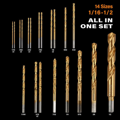 Front view of 20-piece M35 cobalt drill bit set in gold HSS jobber length, sizes 1/16-1/2 in