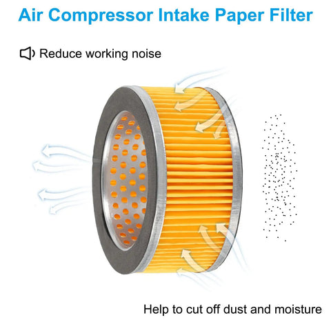 4.2 By 2 Inch Air Compressor Intake Paper Filter shown reducing noise and dust with airflow arrows, yellow color.